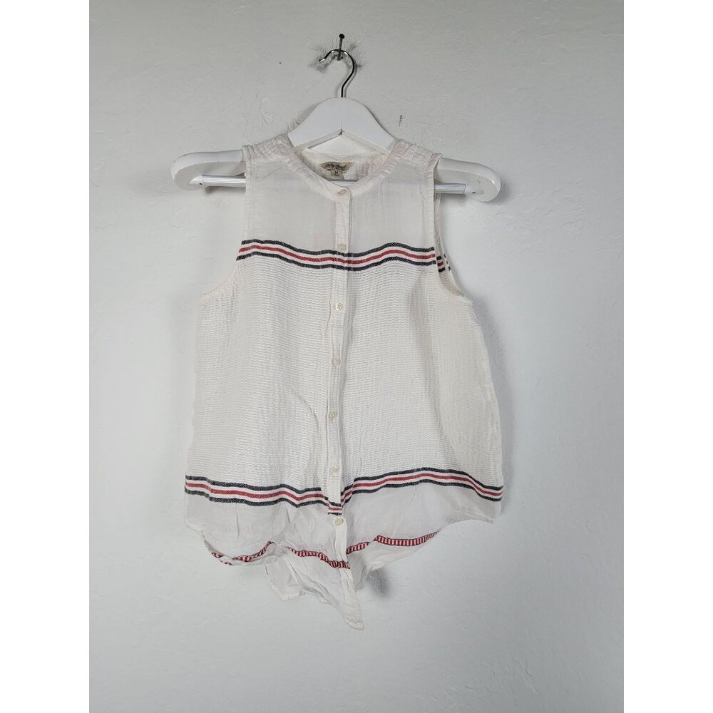 Lucky Brand Women Gauzy White Striped Semi-Sheer Button Up Sleeveless Top Medium
